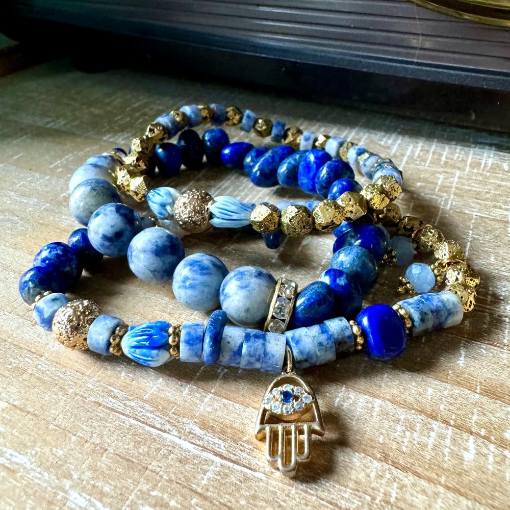 BOHO Evil Eye Lapis Lazuli, Sodalite, Pearls, set of 3 stretch bracelets
